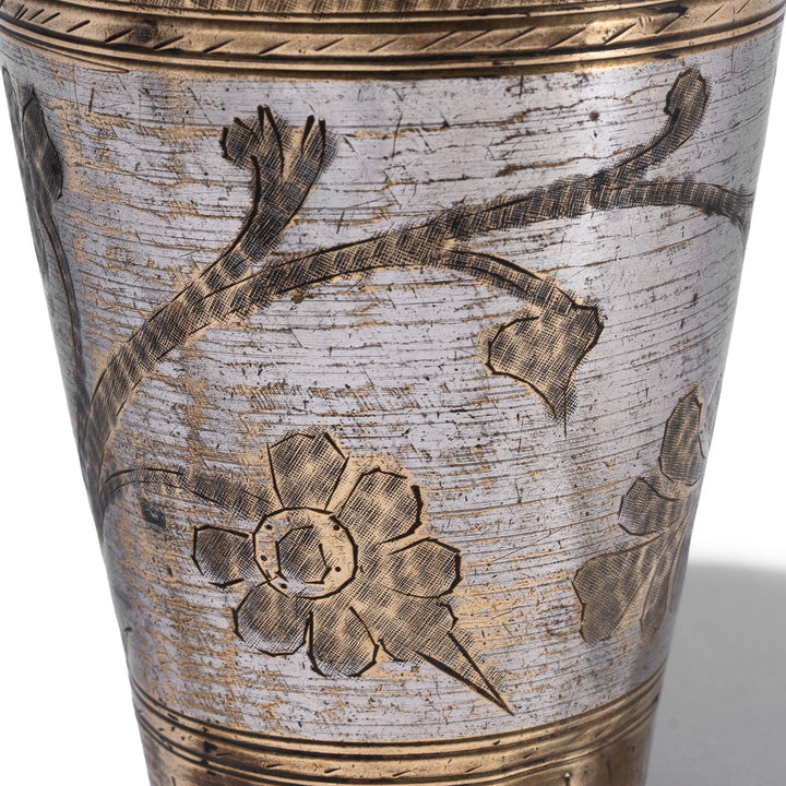 Etching From Option 2 Vintage North Indian Nickel Plated Brass Lassi Cup With Hand Etched Floral Design