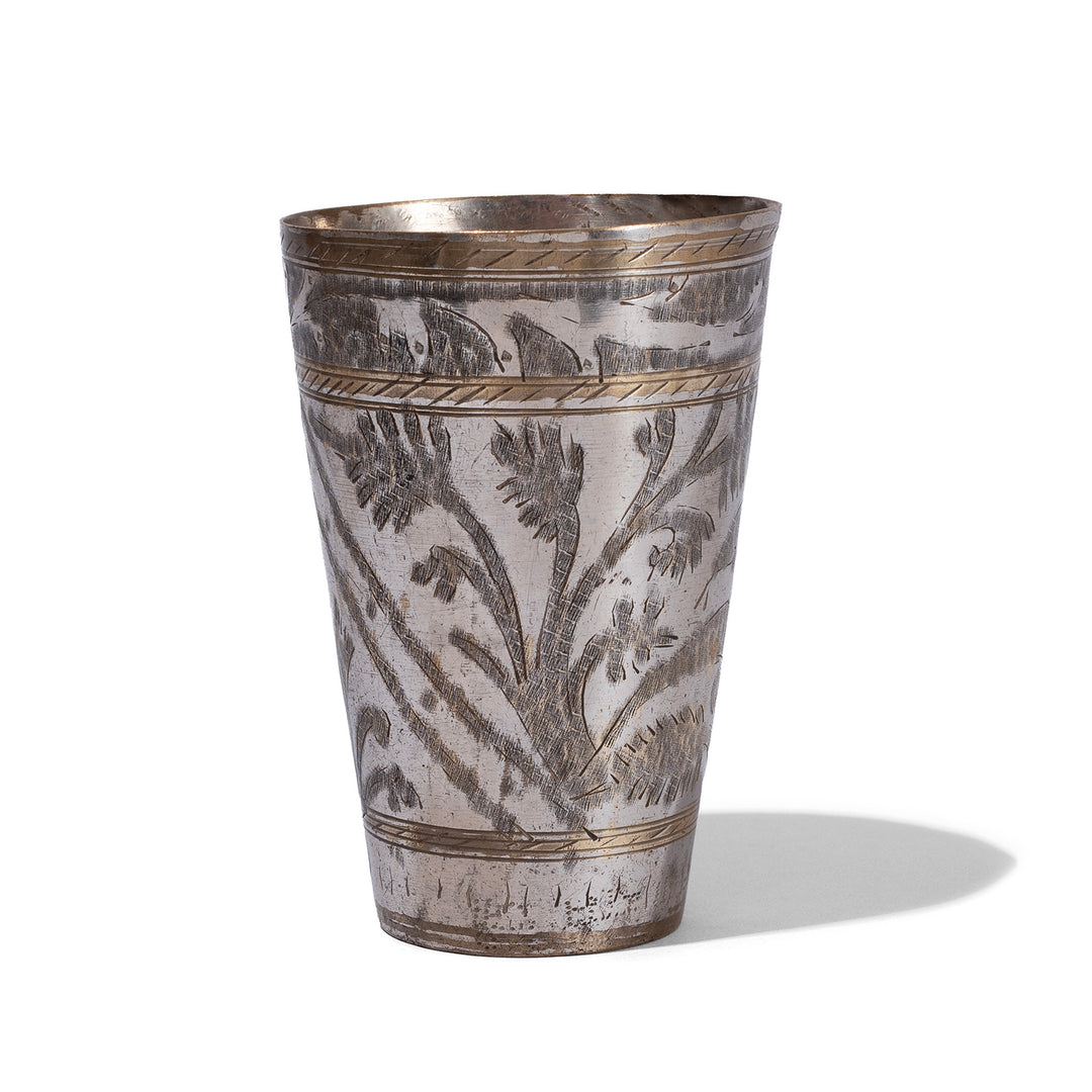 Option 3 Vintage North Indian Nickel Plated Brass Lassi Cup With Hand Etched Floral Design