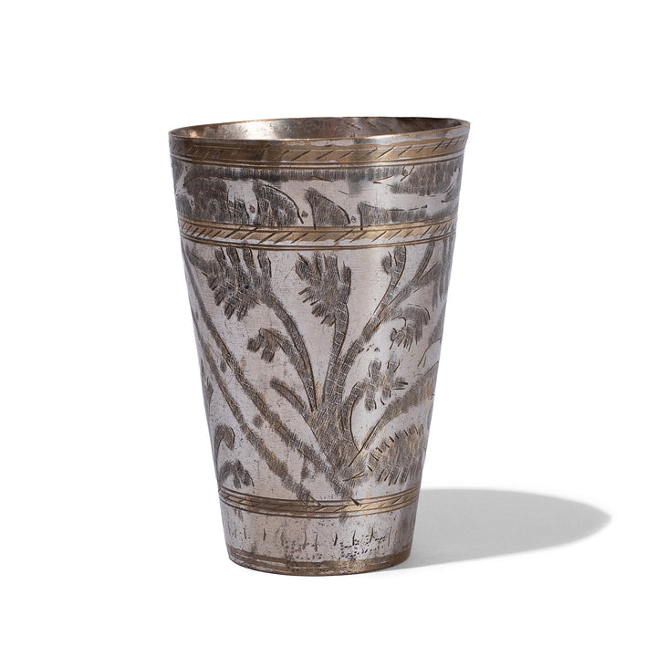 Option 3 Vintage North Indian Nickel Plated Brass Lassi Cup With Hand Etched Floral Design