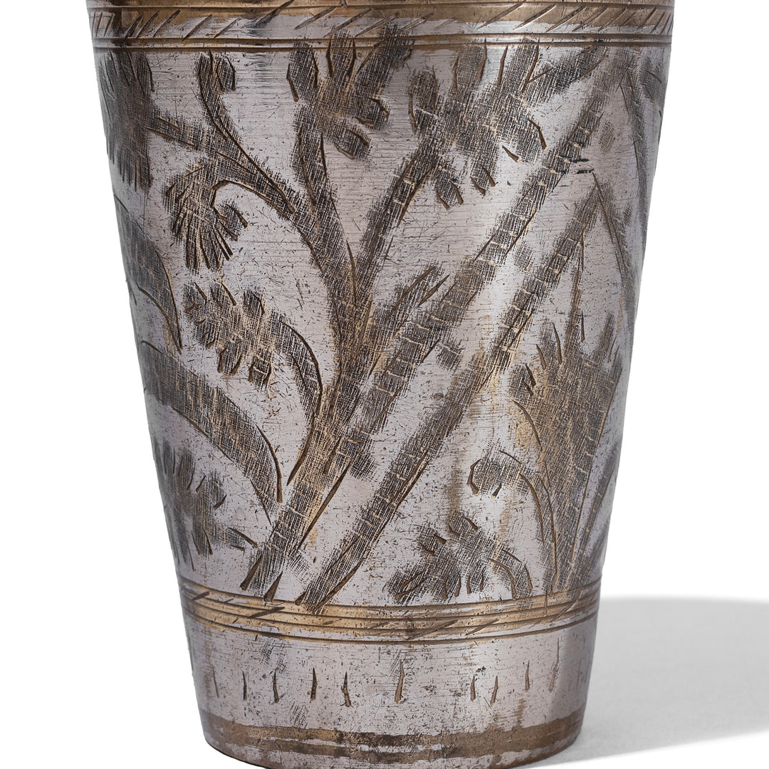 Etching Detail From Option 3 Vintage North Indian Nickel Plated Brass Lassi Cup With Hand Etched Floral Design