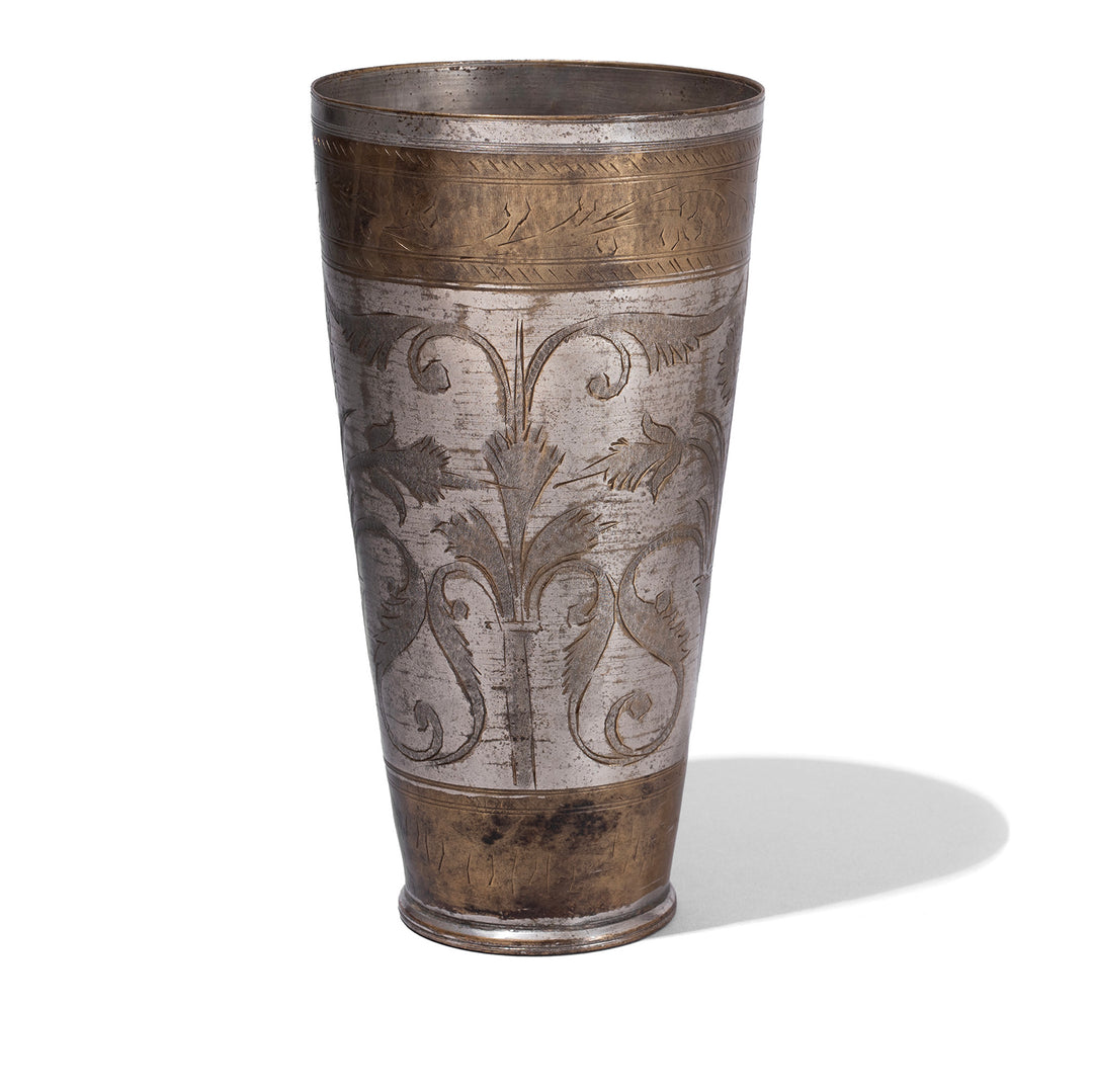 Option 1 Vintage North Indian Nickel Plated Brass Lassi Cup With Hand Etched Floral Design