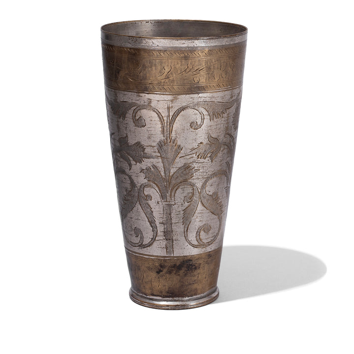 Option 1 Vintage North Indian Nickel Plated Brass Lassi Cup With Hand Etched Floral Design