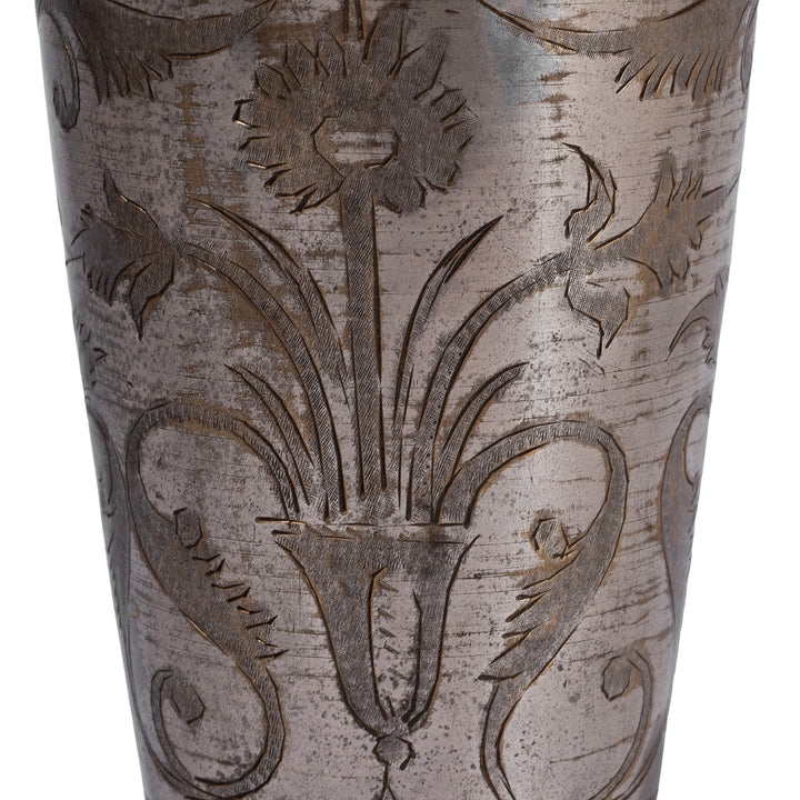 Etching Detail From Option 1 Vintage North Indian Nickel Plated Brass Lassi Cup With Hand Etched Floral Design