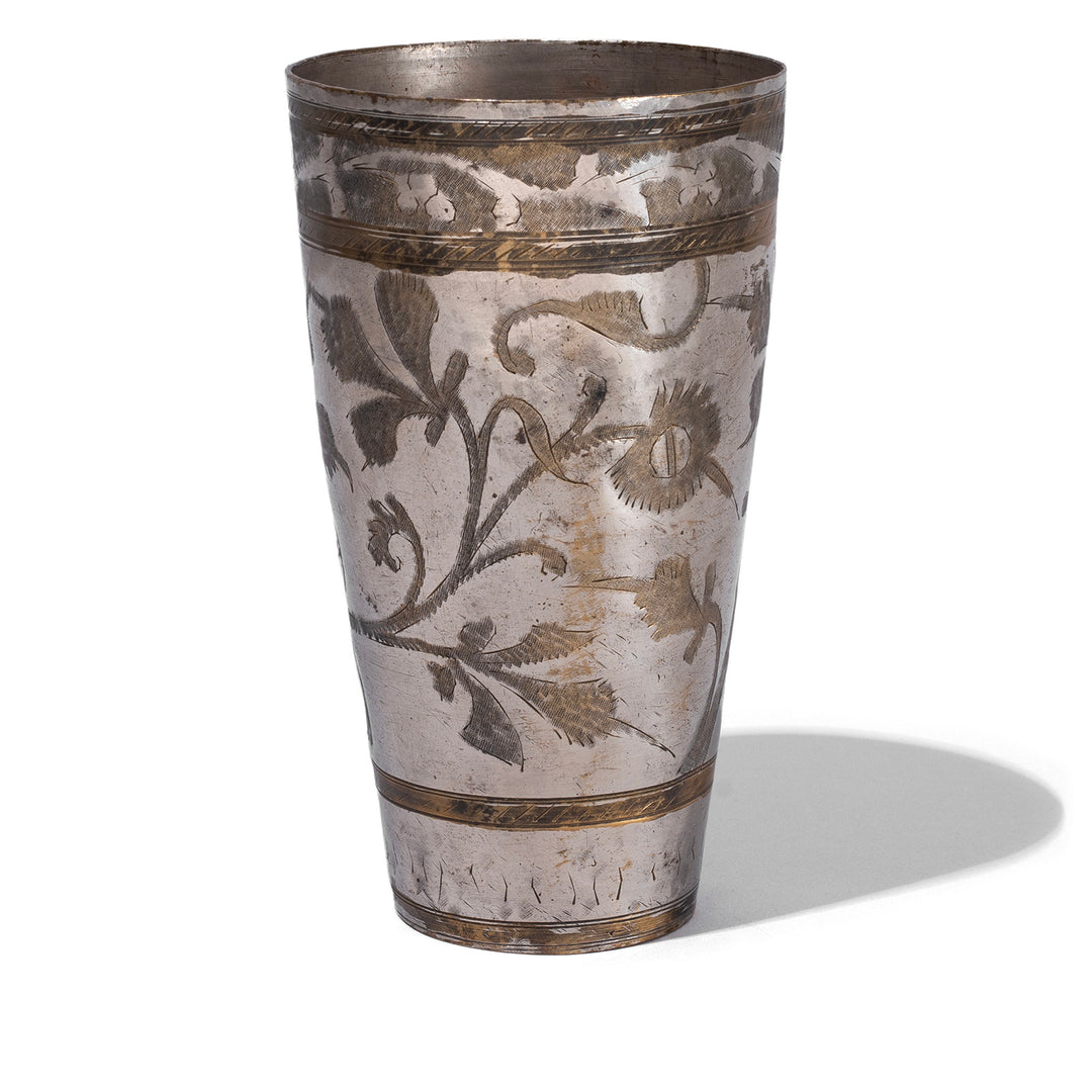 Option 2 Vintage North Indian Nickel Plated Brass Lassi Cup With Hand Etched Floral Design