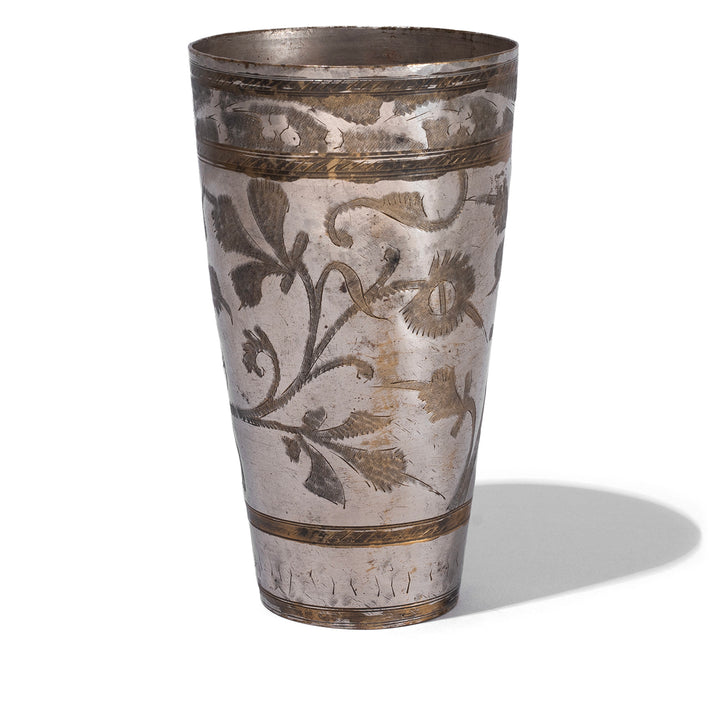 Option 2 Vintage North Indian Nickel Plated Brass Lassi Cup With Hand Etched Floral Design