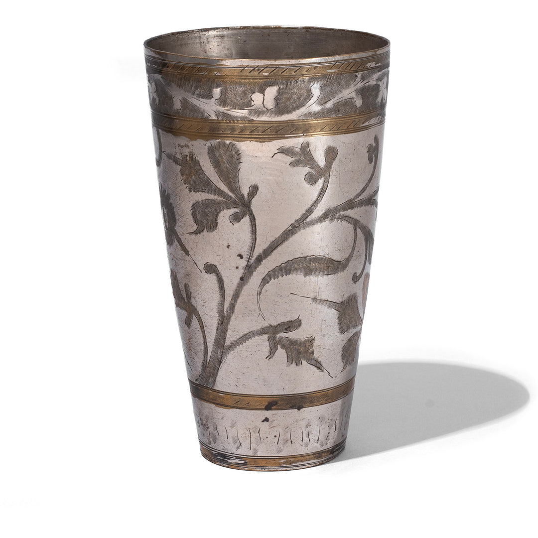 Option 2 Vintage North Indian Nickel Plated Brass Lassi Cup With Hand Etched Floral Design