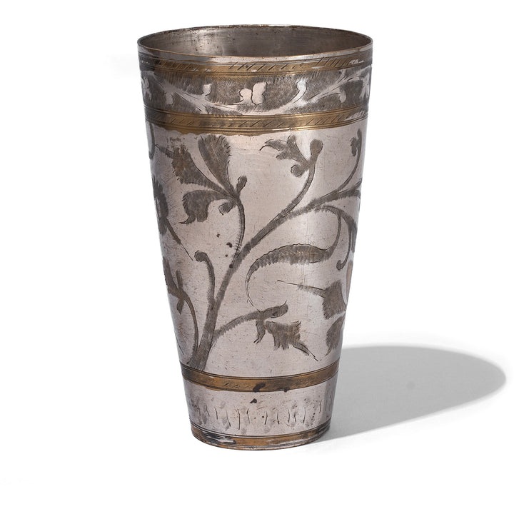 Option 2 Vintage North Indian Nickel Plated Brass Lassi Cup With Hand Etched Floral Design