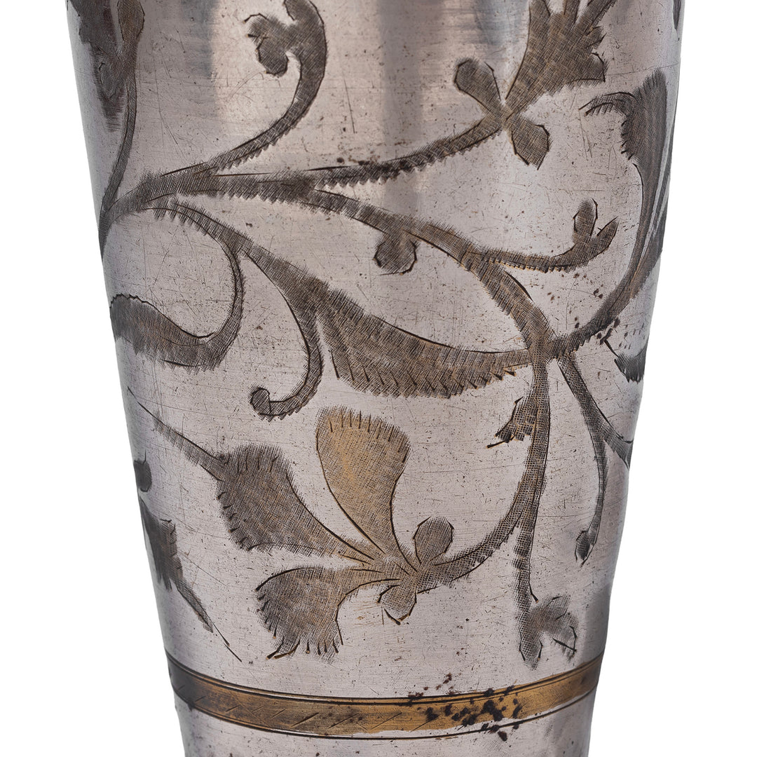Etching Detail From Option 2 Vintage North Indian Nickel Plated Brass Lassi Cup With Hand Etched Floral Design