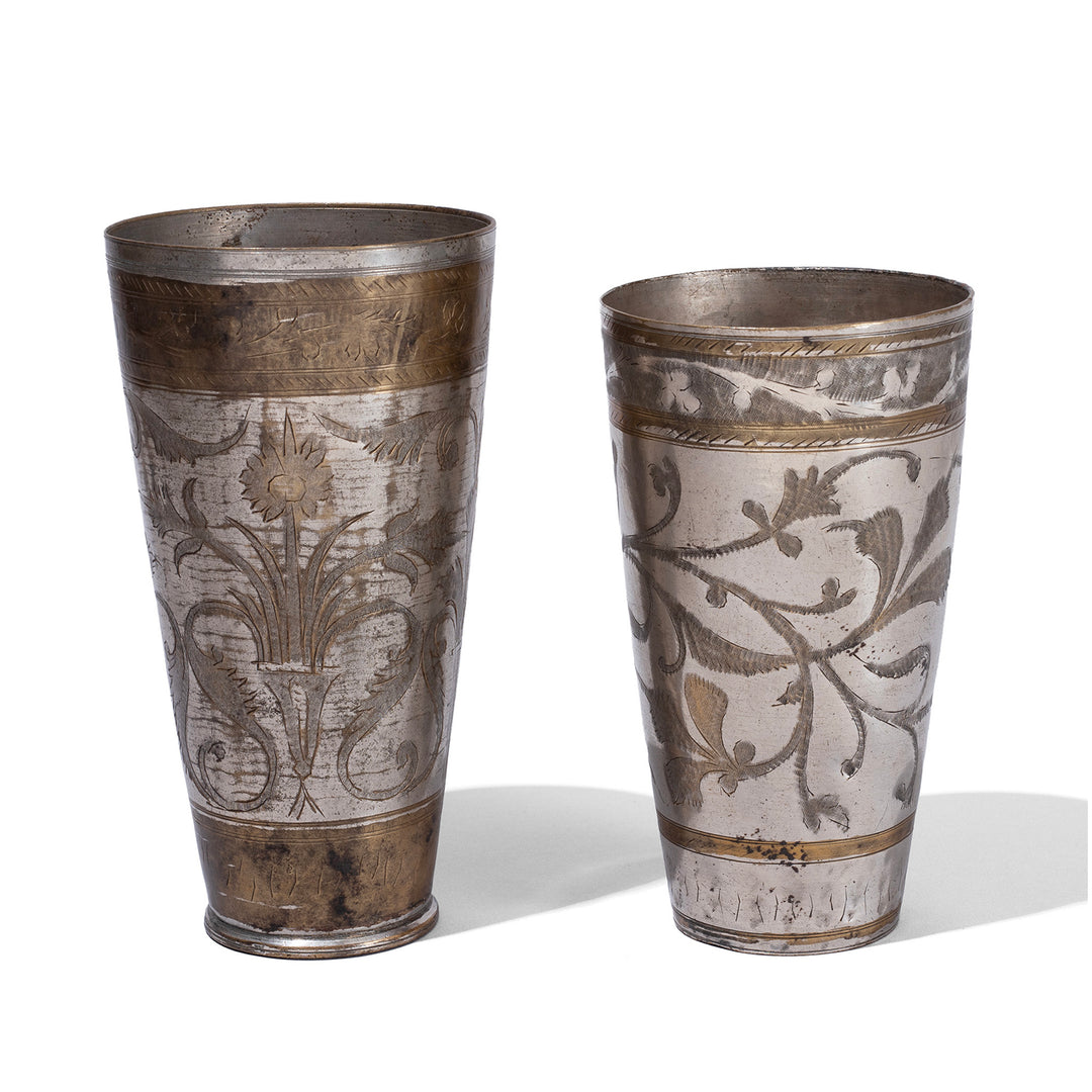 Vintage North Indian Nickel Plated Brass Lassi Cups With Hand Etched Floral Design