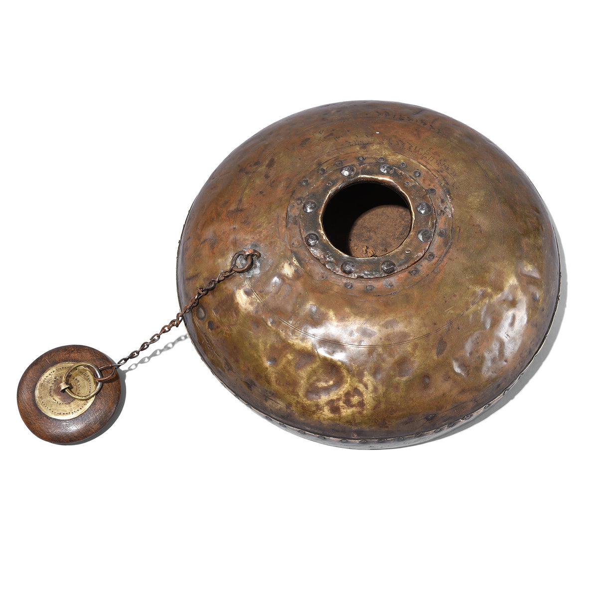 Top Down View Of Brass & Teak Indian Tobacco Pot From Rajasthan - 19thC | Indigo Antiques