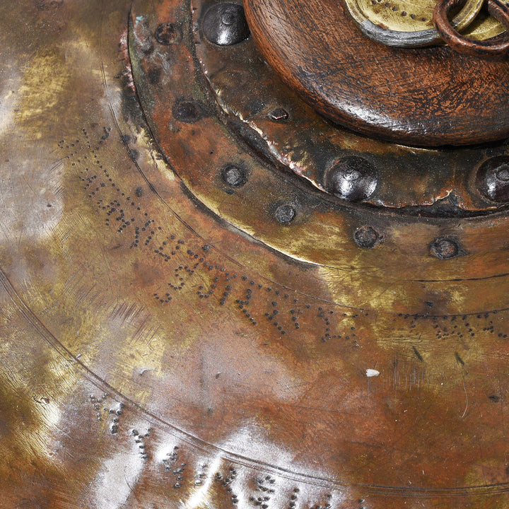 Script Detail From Brass & Teak Indian Tobacco Pot From Rajasthan - 19thC | Indigo Antiques