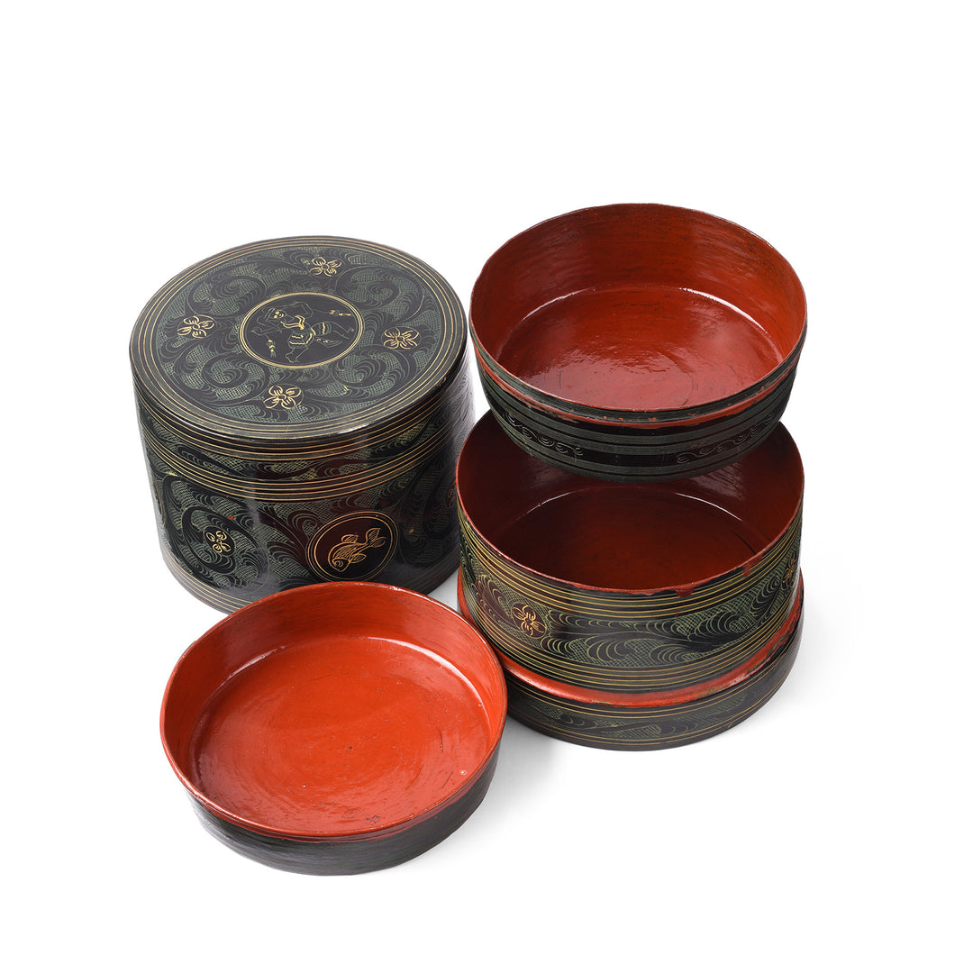 Open View Of Antique Burmese Black Lacquered Tiffin Box | Indigo Antiques