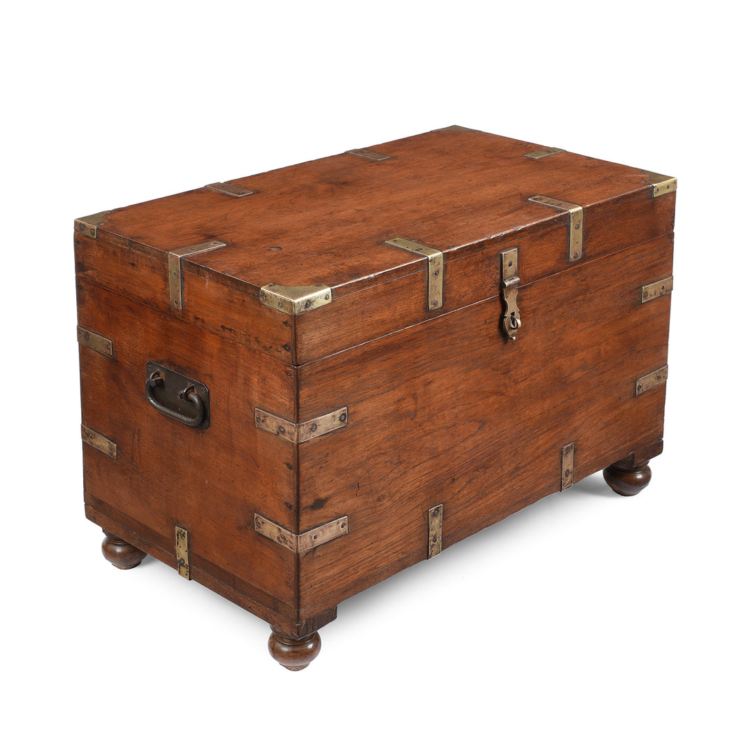 Angled VIew Of Antique Brass Bound Teak Military Chest | Indigo Antiques