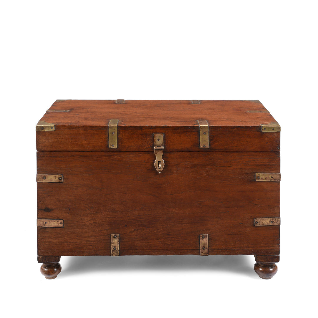 Antique Indian Brass Bound Teak Military Chest on Bun Feet | Indigo Antiques