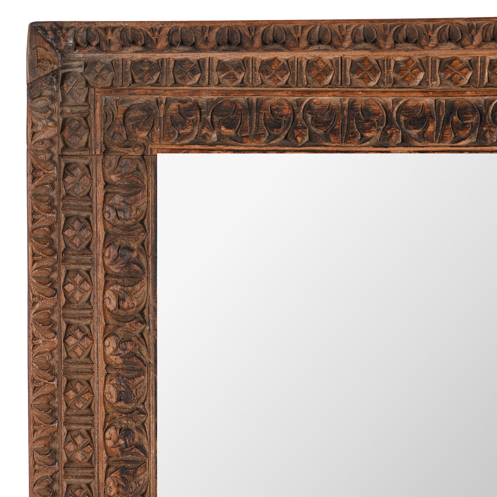 Corner Detail Showing Carving On Antique Carved Indian Window Mirror | Indigo Antiques