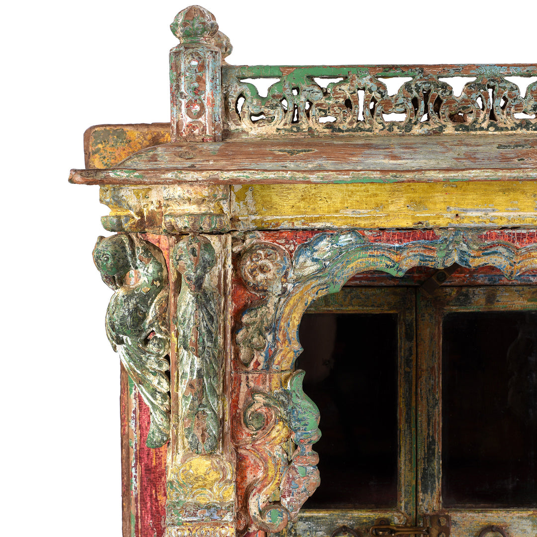 Corner Detail From Antique Painted Teak House Shrine From Gujarat | indigo Antiques