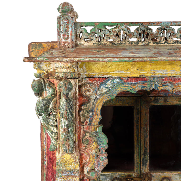 Corner Detail From Antique Painted Teak House Shrine From Gujarat | indigo Antiques