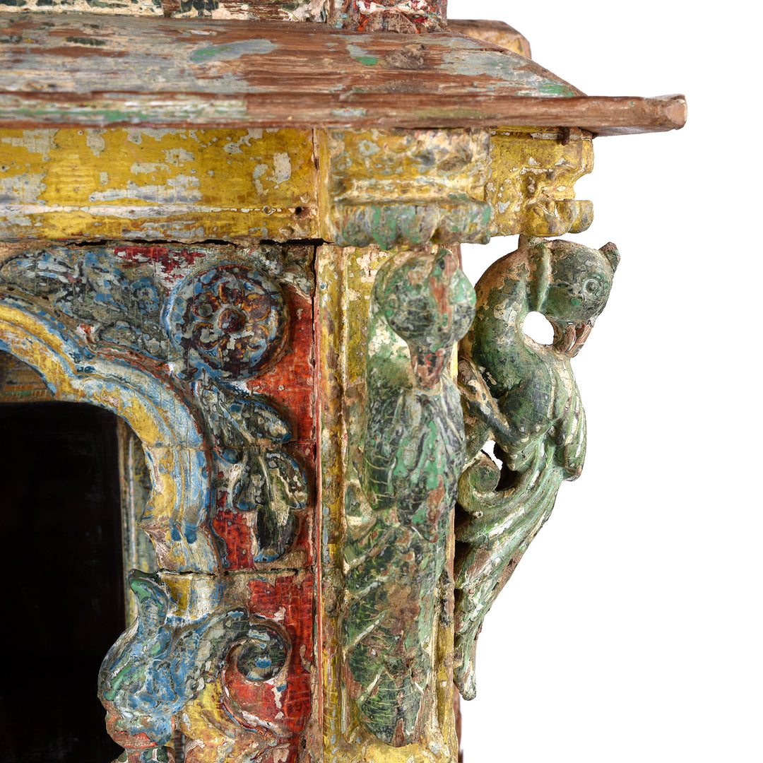 Parrot Detail From Antique Painted Teak House Shrine From Gujarat | indigo Antiques