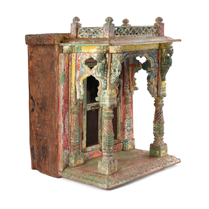 Angled VIew Of Antique Painted Teak House Shrine From Gujarat | indigo Antiques