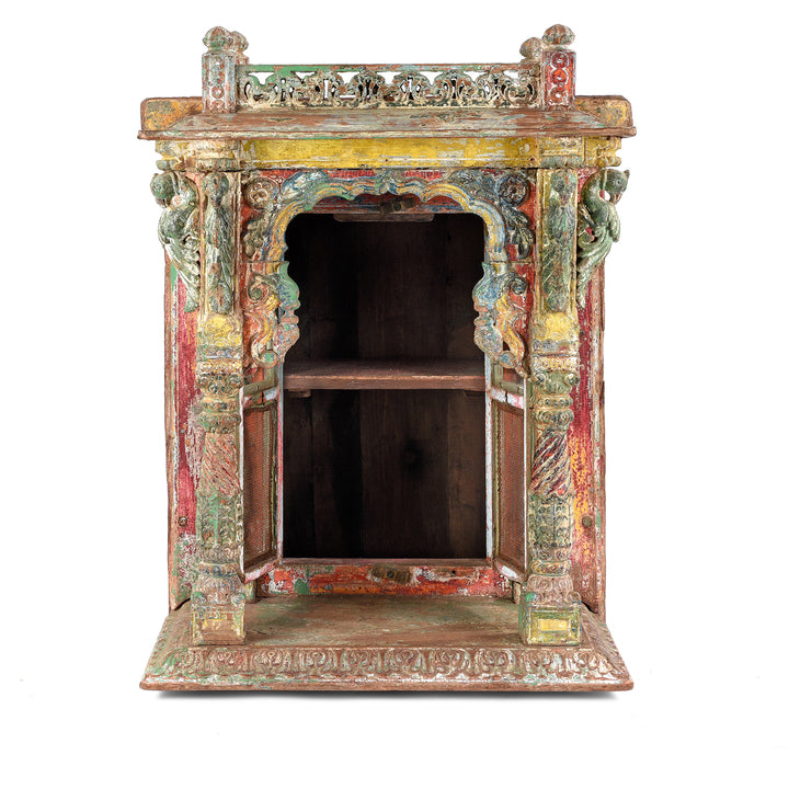 Open Doors View Of Antique Painted Teak House Shrine From Gujarat | indigo Antiques