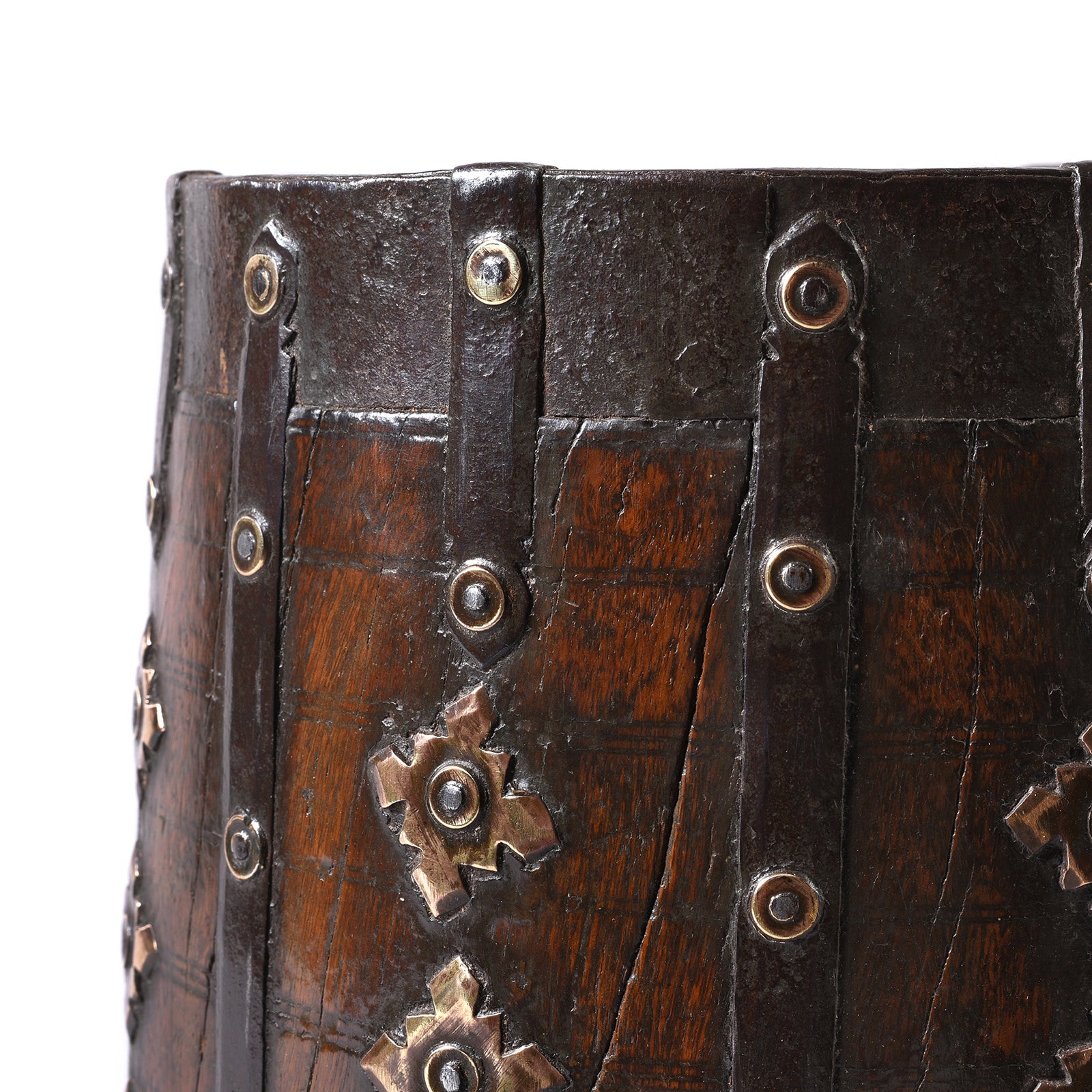Corner Detail From Antique Teak & Iron Grain Measure From Rajasthan - 19th Century | Indigo Antiques