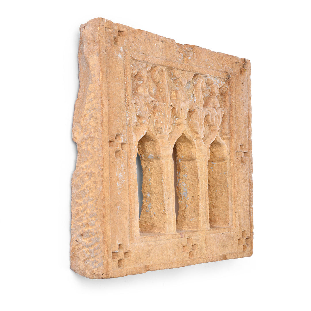 Angled View Of Antique 3 Way Stone Lamp Niche From Jaisalmer | Indigo Antiques