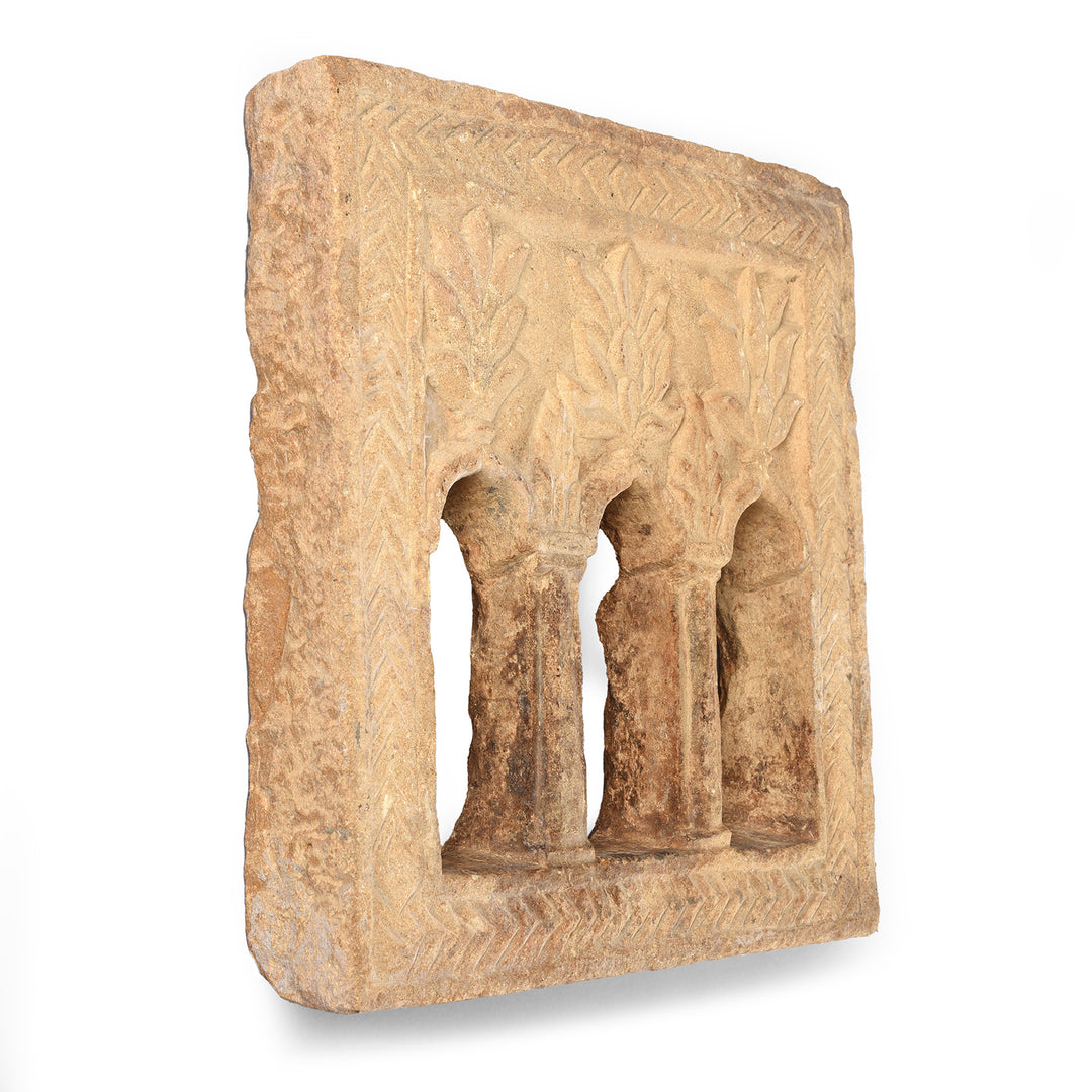 Angled VIew Displaying Depth Of Antique Carved Indian 3 Way Yellow Stone Lamp Niche From Jaisalmer | Indigo Antiques