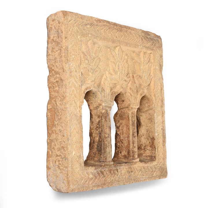 Angled VIew Displaying Depth Of Antique Carved Indian 3 Way Yellow Stone Lamp Niche From Jaisalmer | Indigo Antiques