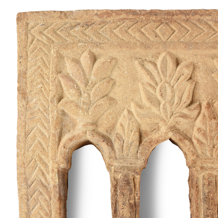 Floral Carving Detail From The Corner Of Antique Carved Indian 3 Way Yellow Stone Lamp Niche From Jaisalmer | Indigo Antiques