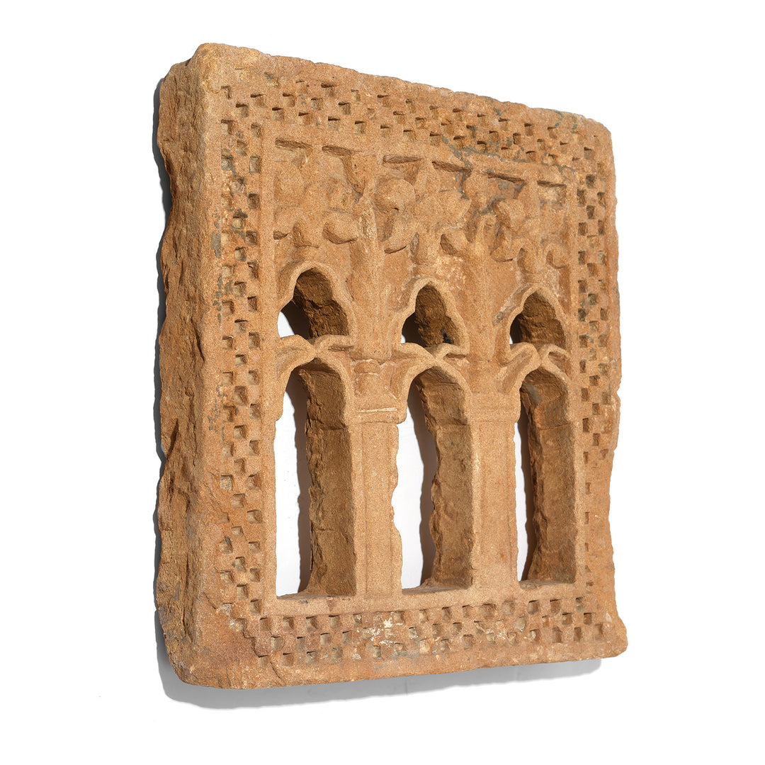 Angled View Of Antique  3 Way Stone Lamp Niche From Jaisalmer - 19th Century | Indigo Antiques