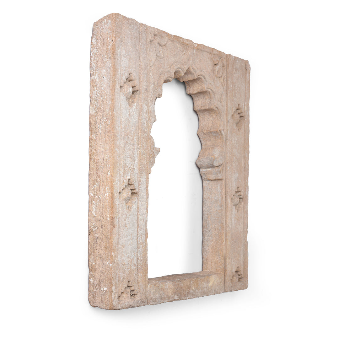 Angled View Of Antique Carved Stone Lamp Niche From Rajasthan | Indigo Antiques