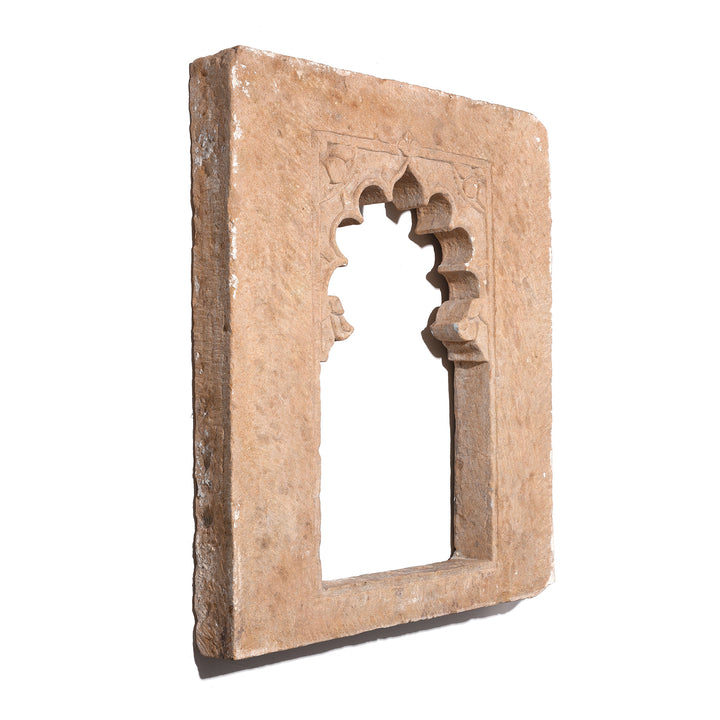 Angled View Of Antique Carved Stone Lamp Niche From Rajasthan - 18th Century | Indigo Antiques