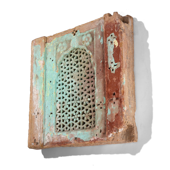 Angled View Of Antique Painted Stone Jali Panel From Rajasthan | Indigo Antiques