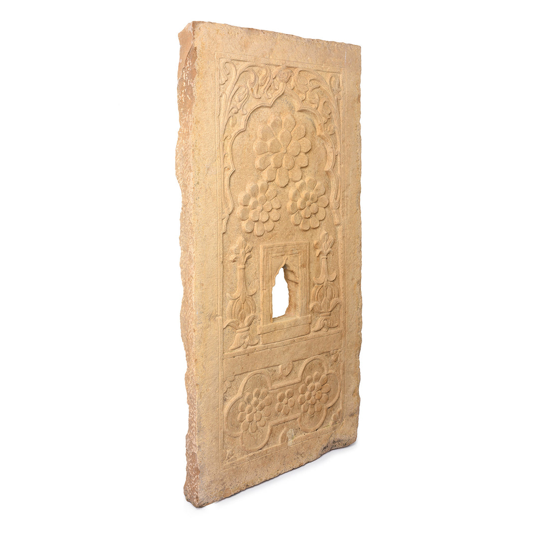 Angled View Of Antique Carved Stone Window Jharokha Panel From Jaisalmer - 18th Century | Indigo Antiques