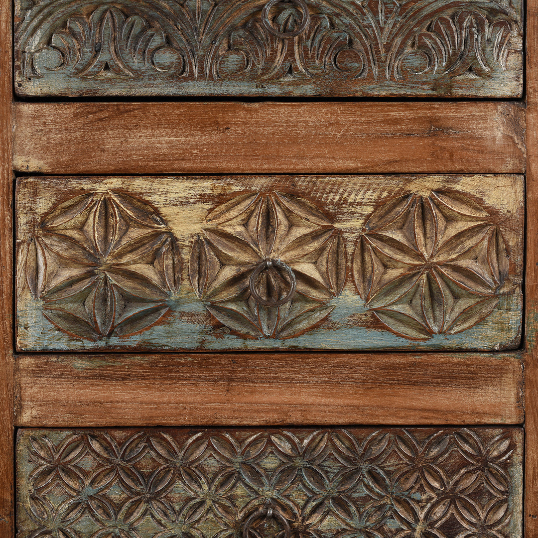 Carving Detail From Carved Chest Of 10 Drawers Made From Reclaimed Teak | Indigo Antiques