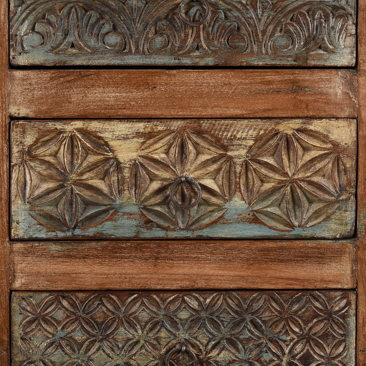 Carving Detail From Carved Chest Of 10 Drawers Made From Reclaimed Teak | Indigo Antiques