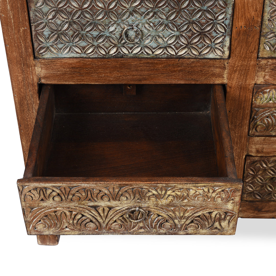 Drawer Detail From Carved Chest Of 10 Drawers Made From Reclaimed Teak | Indigo Antiques