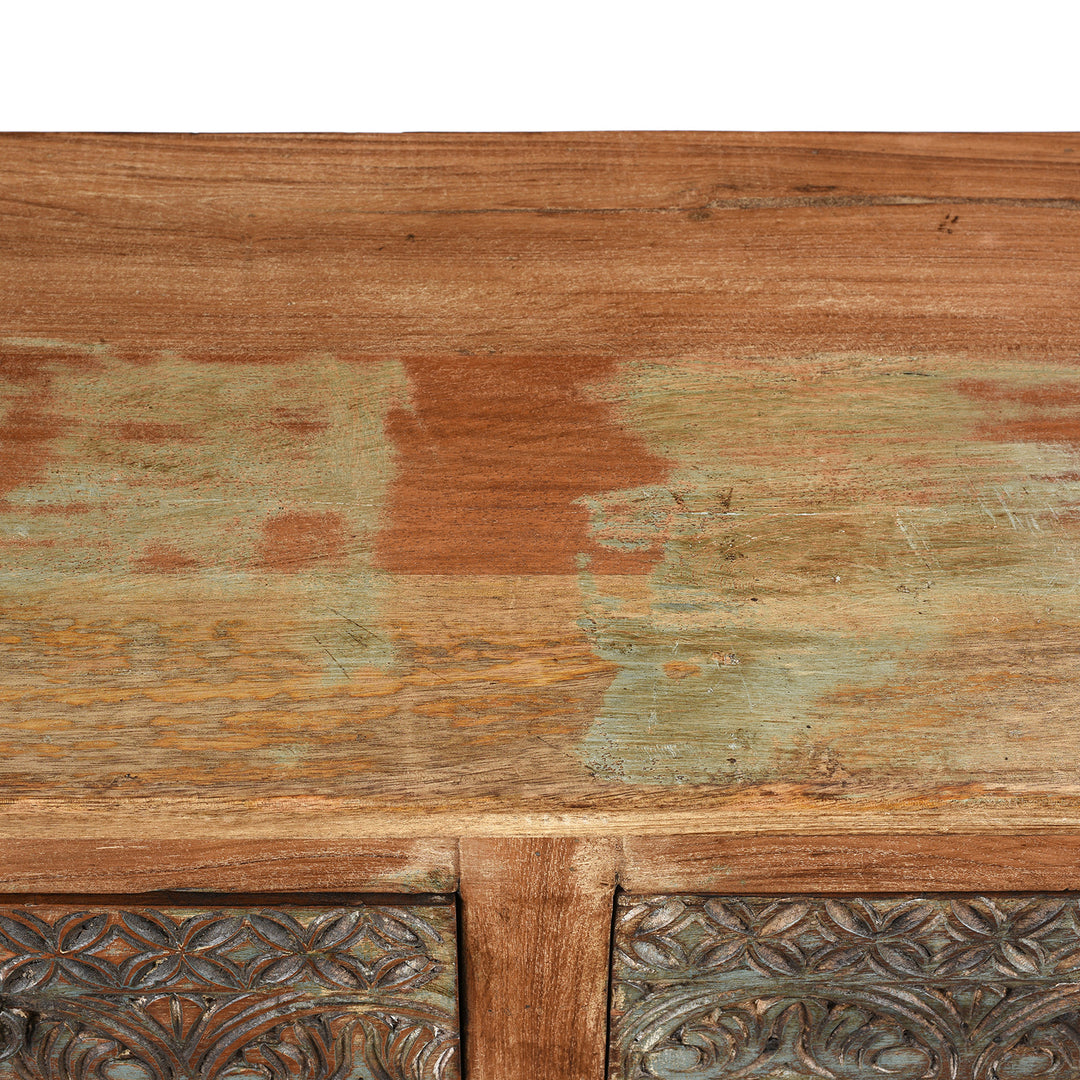 Top Detail From Carved Chest Of 10 Drawers Made From Reclaimed Teak | Indigo Antiques