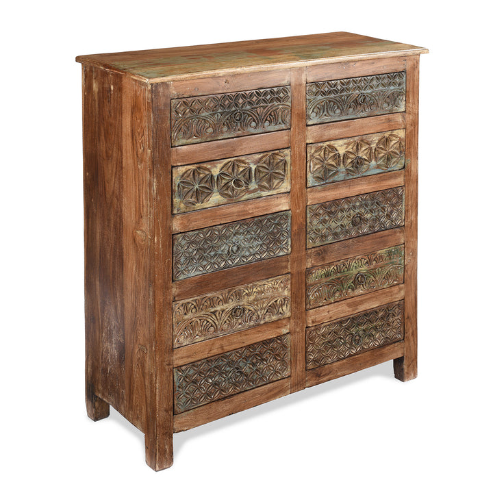 Angled View Of Carved Chest Of 10 Drawers Made From Reclaimed Teak | Indigo Antiques