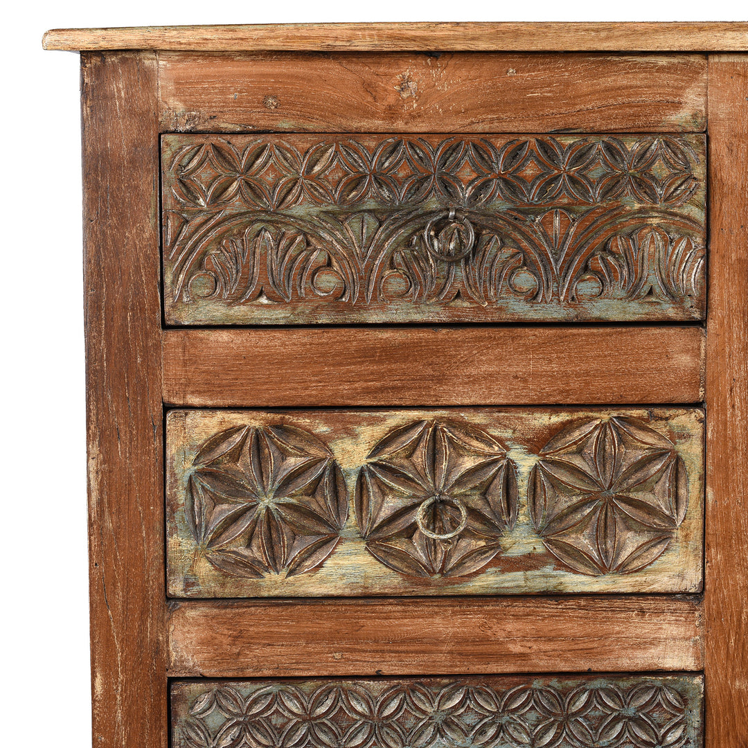 Corner Detail From Carved Chest Of 10 Drawers Made From Reclaimed Teak | Indigo Antiques