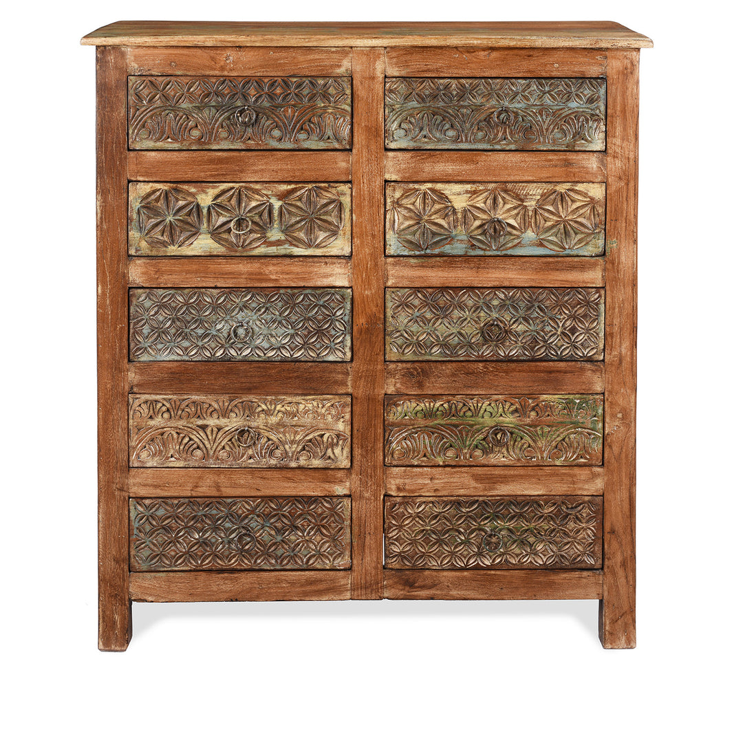 Carved Chest Of 10 Drawers Made From Reclaimed Teak | Indigo Antiques