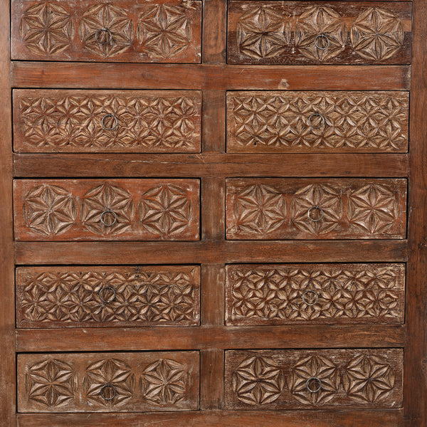 Carved Chest Of 10 Drawers Made From Reclaimed Teak