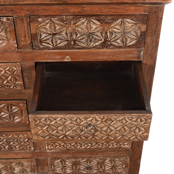 Carved Chest Of 10 Drawers Made From Reclaimed Teak