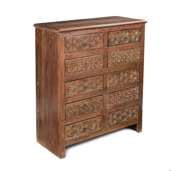 Carved Chest Of 10 Drawers Made From Reclaimed Teak