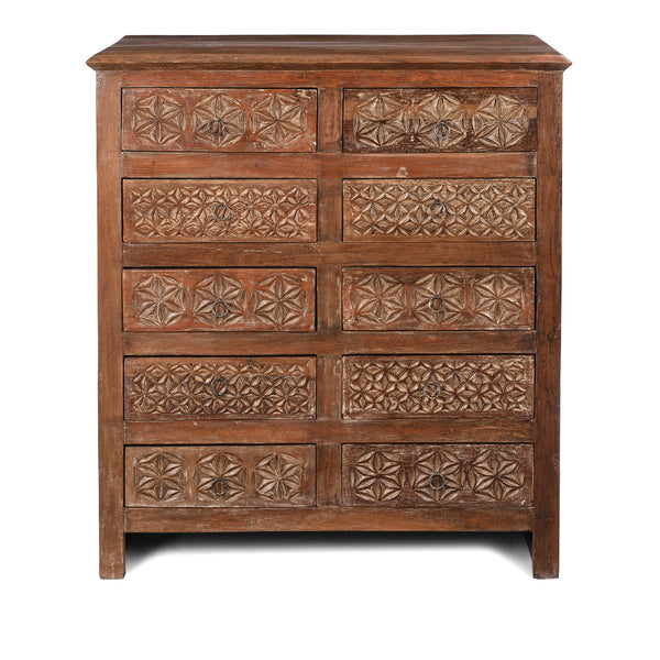 Carved Chest Of 10 Drawers Made From Reclaimed Teak