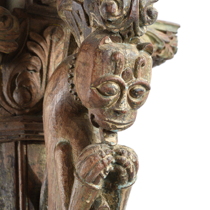 Lion Detail From Antique Teak Indian Coat Stand Made From A Carved Pillar - 19th Century | Indigo Antiques