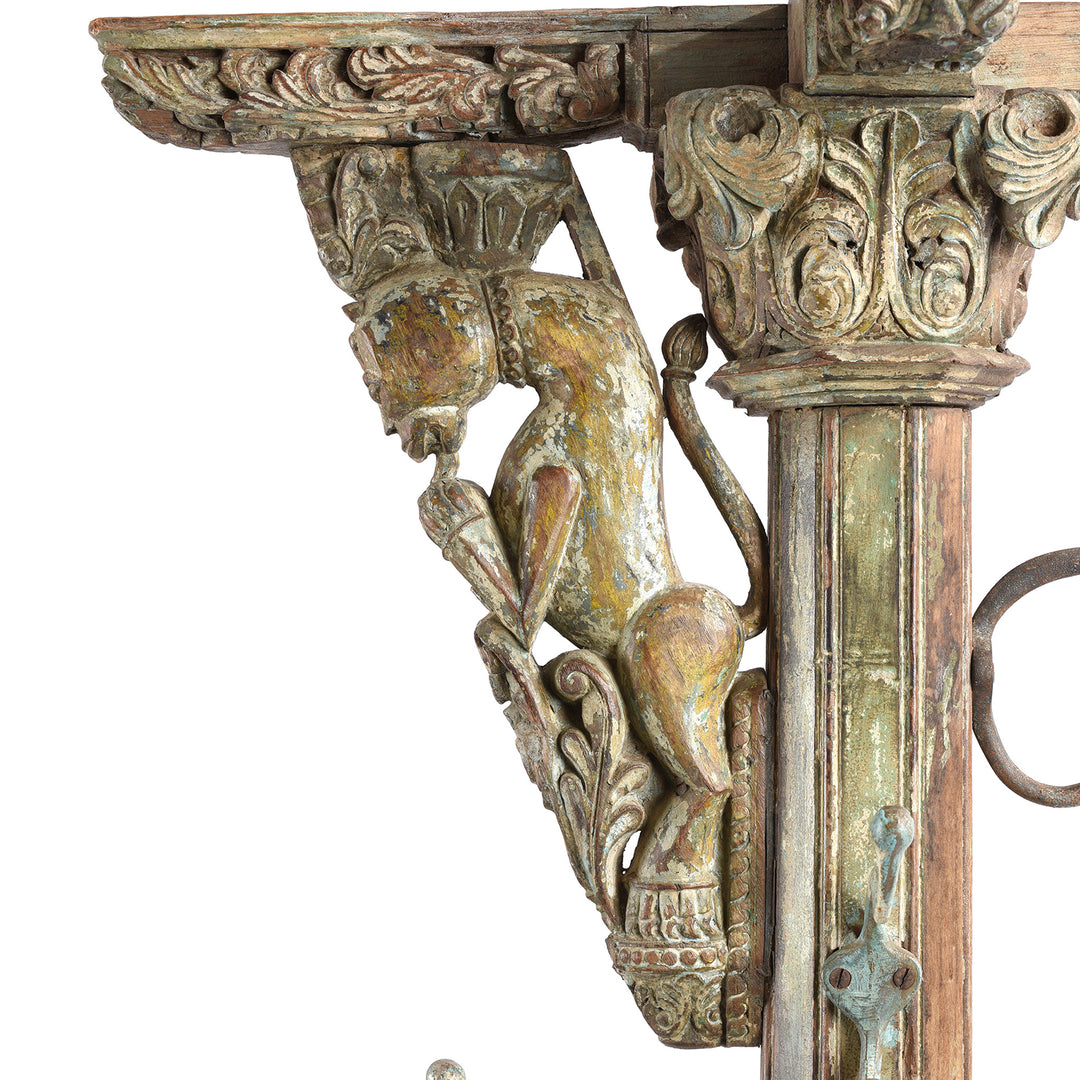 Lion Detail From Antique Teak Indian Coat Stand Made From A Carved Pillar - 19th Century | Indigo Antiques
