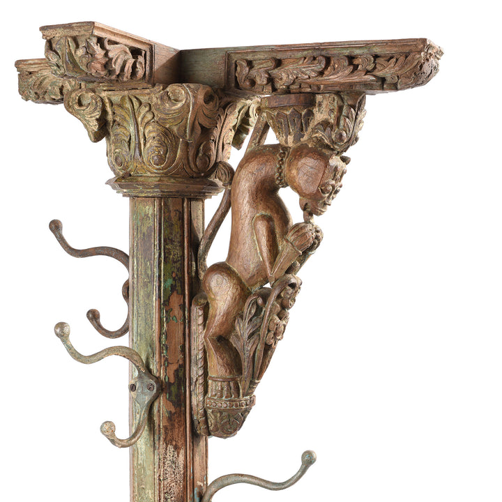 Lion Detail From Antique Teak Indian Coat Stand Made From A Carved Pillar - 19th Century | Indigo Antiques
