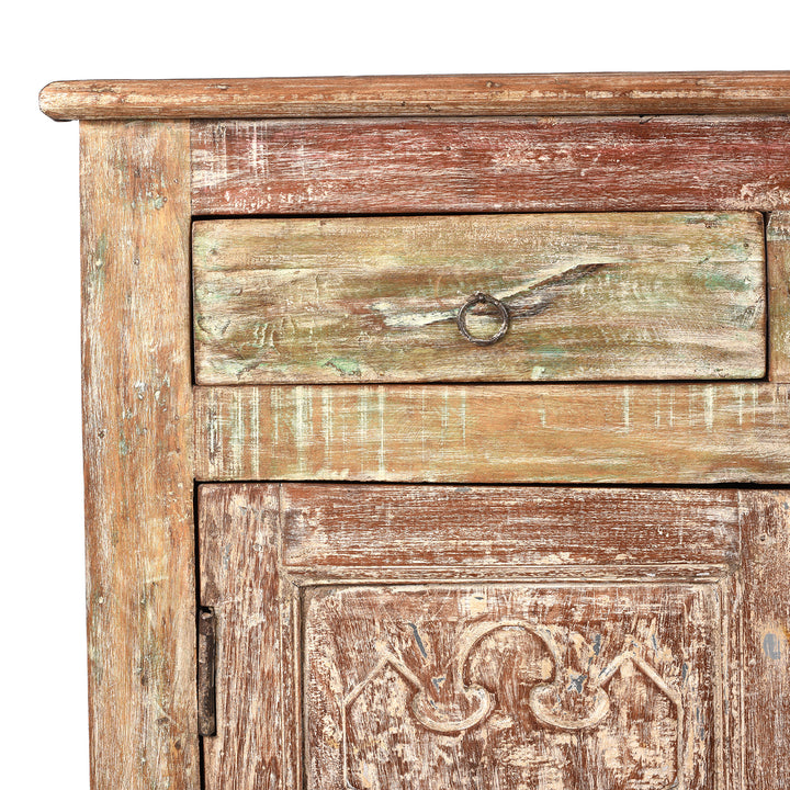 Corner Detail From Reclaimed Teak Side Cabinet With Painted Finish | Indigo Antiques