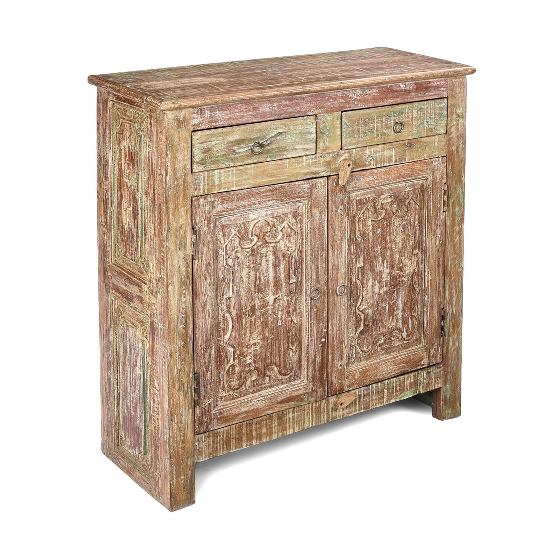 Angled View Of Reclaimed Teak Side Cabinet With Painted Finish | Indigo Antiques